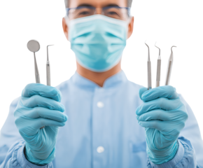 A dentist in mask and gloves holds dental tools, ready to start a dental checkup.