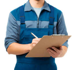 A repairman in blue overalls is writing on a clipboard, ready to get to work.