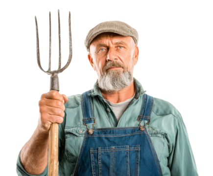 A weathered farmer poses with his pitchfork, embodying rural life and hard work.