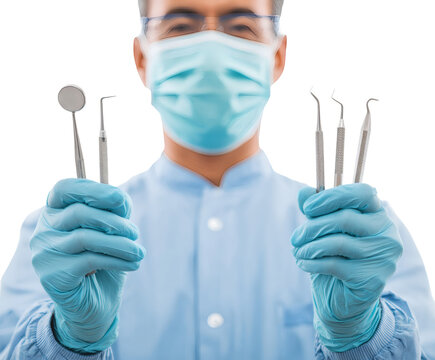 A dentist in mask and gloves holds dental tools, ready to start a dental checkup.
