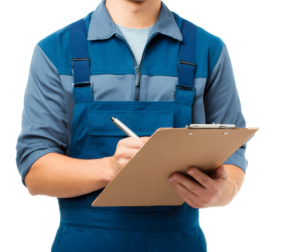 A repairman in blue overalls is writing on a clipboard, ready to get to work.