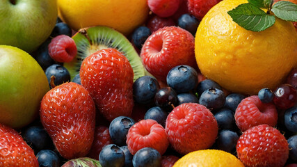 Obraz premium still life composition featuring a variety of fresh, ripe fruits and berries 