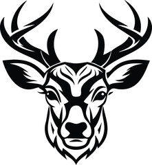 Stylized Black and White Deer Head with Majestic Antlers and Tribal Markings