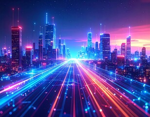 Futuristic city at night with glowing neon lines