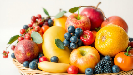 still life composition featuring a variety of fresh, ripe fruits and berries 