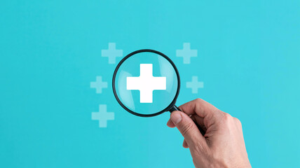 Obraz premium Focus on healthcare solutions magnifying medical cross symbol for innovative health research