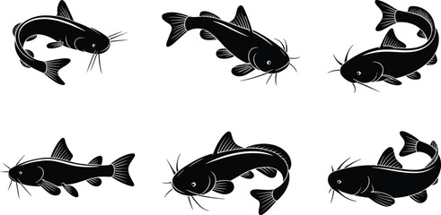 Naklejka premium Vector illustration of six black catfish silhouettes swimming underwater, freshwater fish, aquatic wildlife design, barbels, nature animal, fishing icon set