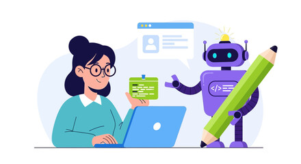 Woman Works with an Ai Robot to Develop Code for Software Development