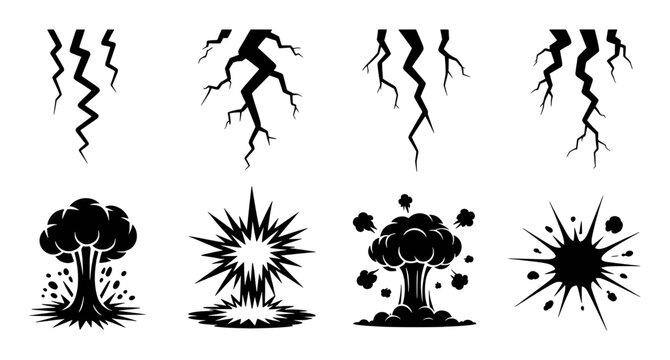 Black abstract explosion and crack shapes collection blast burst