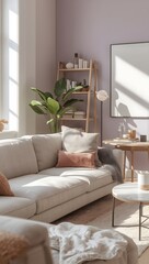  Modern Living Room with Neutral Sofa, Wooden Decor Rack, Green Plant, and White Poster on Lilac Wall