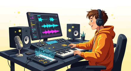 Young Artist Creating Music in Home Studio with Digital Audio Workstation
