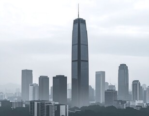 Misty cityscape with tall building