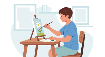 Fototapeta premium Young Man Enjoys Painting A Daisy On Canvas In His Creative Home Space