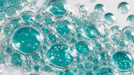 Captivating turquoise liquid bubbles with glistening highlights create a mesmerizing abstract texture, perfect for beauty and science concepts