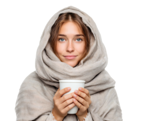 A smiling woman in a scarf holds a cup of a warm beverage, looking content.