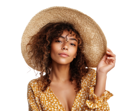 Charming woman with a straw hat and a floral dress