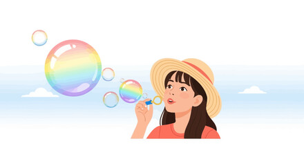 Young woman blowing rainbow bubbles in a bright blue sky illustration