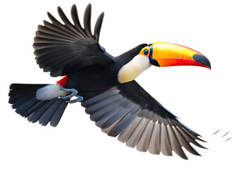 Fototapeta premium Toucan flying with vibrant beak isolated on a transparent background