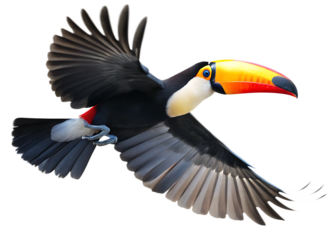Toucan flying with vibrant beak isolated on a transparent background