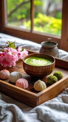 Matcha latte and sweets by window