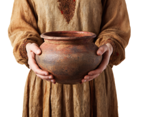 A person's hands gently cradle an aged, weathered clay pot, full of history.