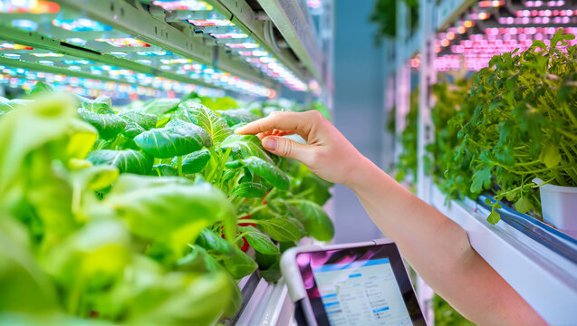 Farmer uses technology in a vertical farm to check plant growth. The future of agriculture: indoor hydroponics system with LED growth light.