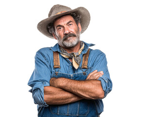 This portrait shows an older farmer with a strong gaze, wearing a hat and denim overalls.