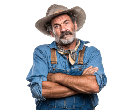 This portrait shows an older farmer with a strong gaze, wearing a hat and denim overalls.