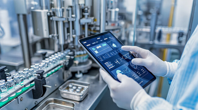 Pharmaceutical factory worker uses technology to control the vaccine and medicine production line. Laboratory manufacturing and conveyor system concept.