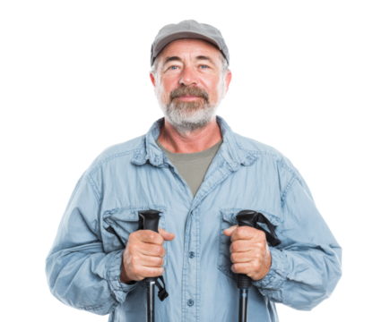 A smiling senior man poses with hiking poles in a studio portrait.