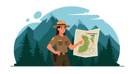 Female Park Ranger Explaining Nature Trail Map in Conservation Area