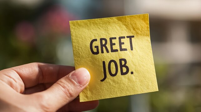 Hand holding a yellow sticky note with "GREET JOB." written in black, signifying positive reinforcement or a job well done.