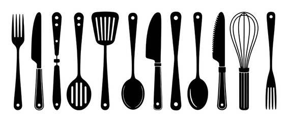 Black kitchen utensil collection graphic design fork knife