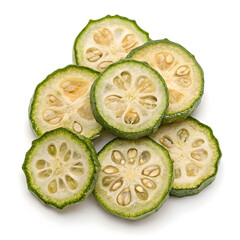 Dried ivy gourd slices isolated on plain white background, showing texture, natural color