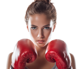Beautiful woman in red boxing gloves, ready to train or compete.