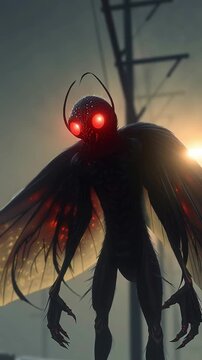 Mothman Winged Cryptid Creature Red Eyes Flapping Wings, Closeup Vertical Video Animation