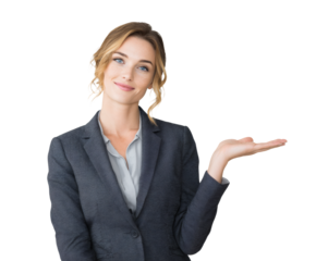 Smiling businesswoman in a suit offering an open palm presentation.