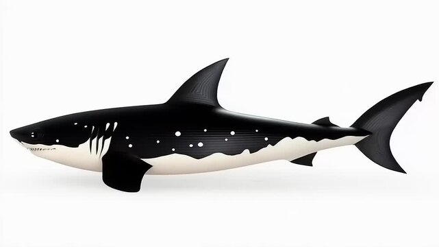 Abstract depiction of a shark with white markings on a solid background