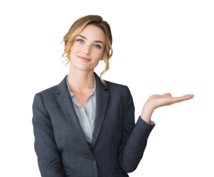 Smiling businesswoman in a suit offering an open palm presentation.