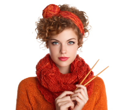 A young woman with vibrant orange accessories enjoys knitting.