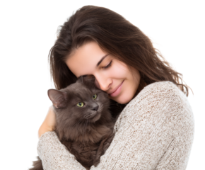A woman lovingly embraces her adorable fluffy gray cat, sharing a tender moment.