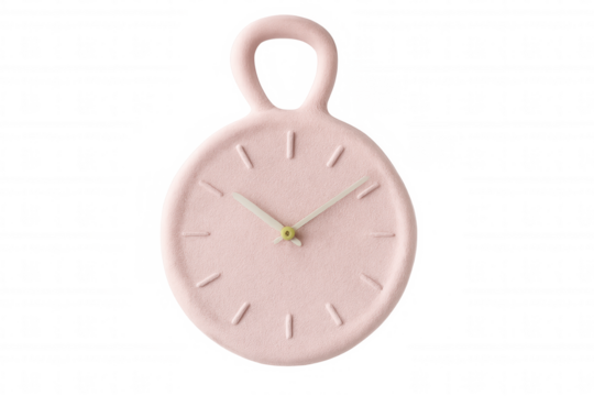 Pink minimalist clock featuring an integrated handle, displaying the time elegantly against a transparent background, enhancing modern decor