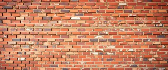 Obraz premium A panoramic view of an aged red brick wall, showing a vintage brickwork pattern with varying textures and colors, brick background, orange