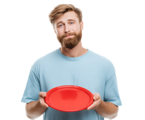 A bearded man with a blue t-shirt holds a red plate.