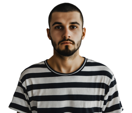 Handsome young man, a serious portrait, a cool guy with a buzz cut, beard and striped shirt, a modern hipster fashion model