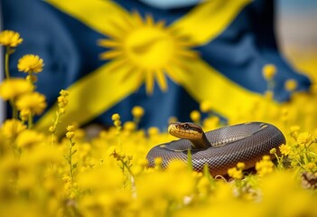 Close-up of a Gadsden flag, vibrant yellow field with coiled rattlesnake,  United States,   protest