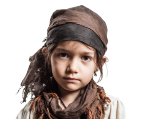 A young child dressed in a pirate costume stares intently at the viewer.