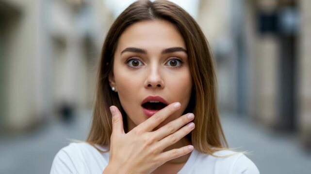 Young woman with surprised or curious facial expression looking to the side outdoors, close up video footage.
