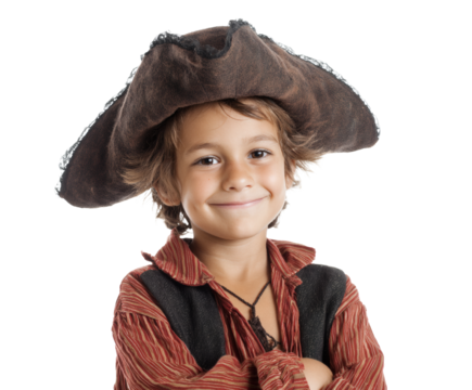 A cute young boy dressed up as a pirate smiles at the camera.