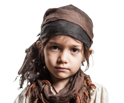 A young child dressed in a pirate costume stares intently at the viewer.